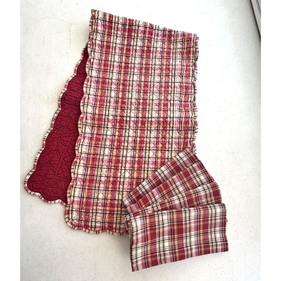Red Plaid Farmhouse Runner Napkins Quilted Country Primitive - Picture 1 of 6